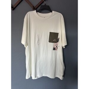 New Adidas White Army Green Men's Loose Fit T-Shirt Graphic Chest Pocket Size XL